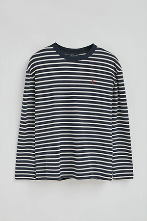 Striped T-shirt in navy blue and nude with Rigby Go embroidered logo - Image 8