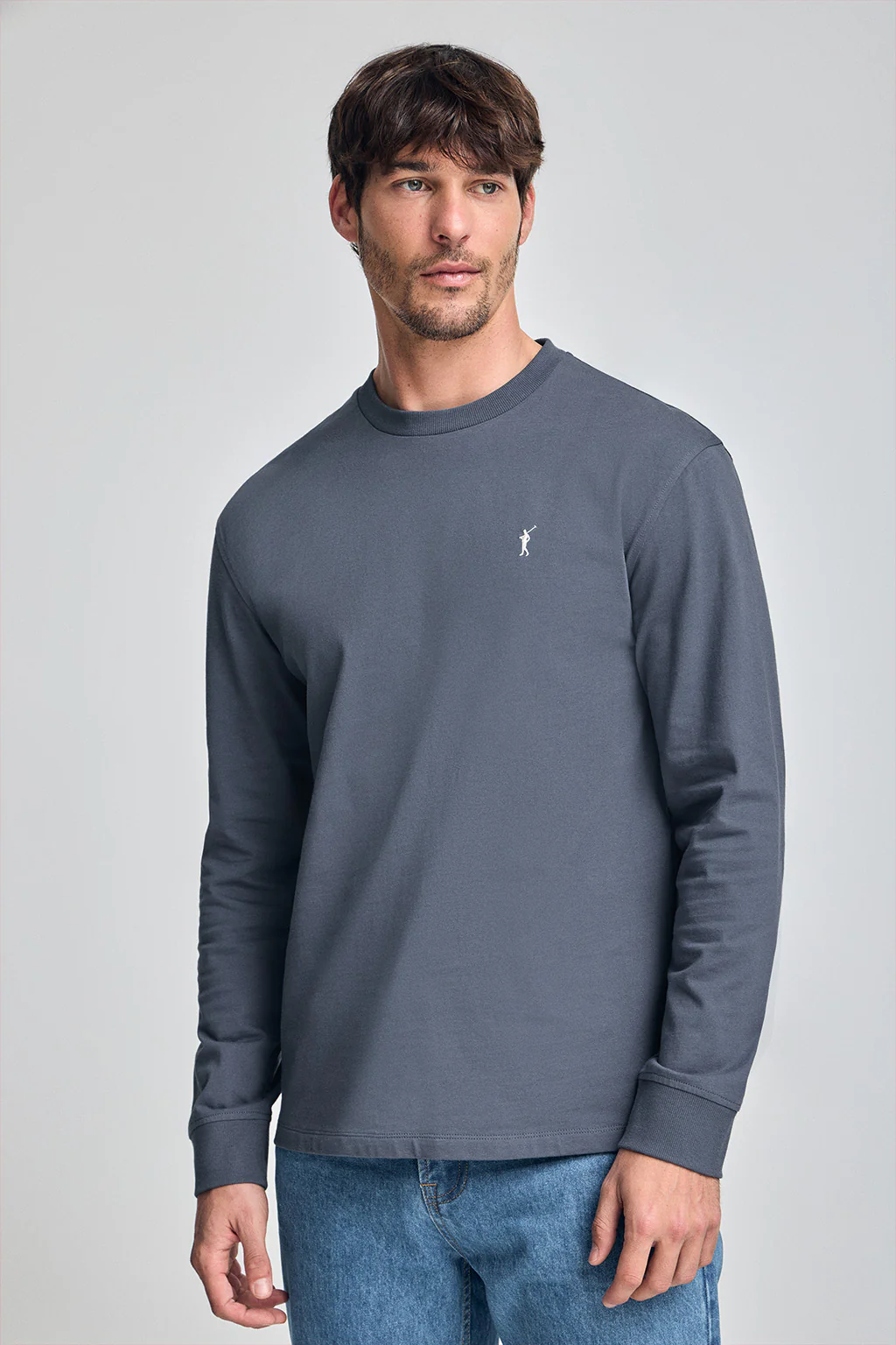 Denim-blue long-sleeve T-shirt with Rigby Go embroidery