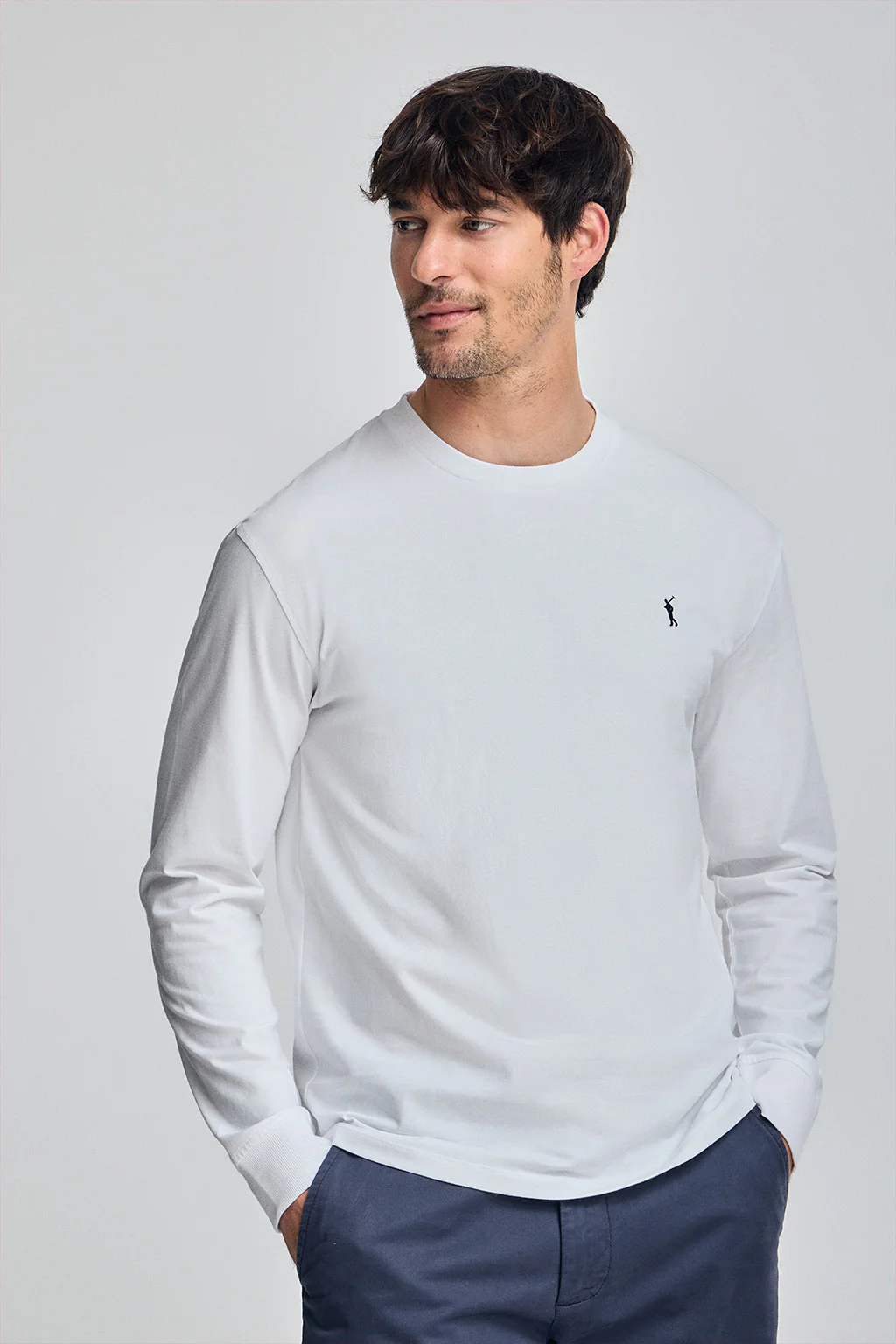 White long-sleeve T-shirt with Rigby Go embroidery