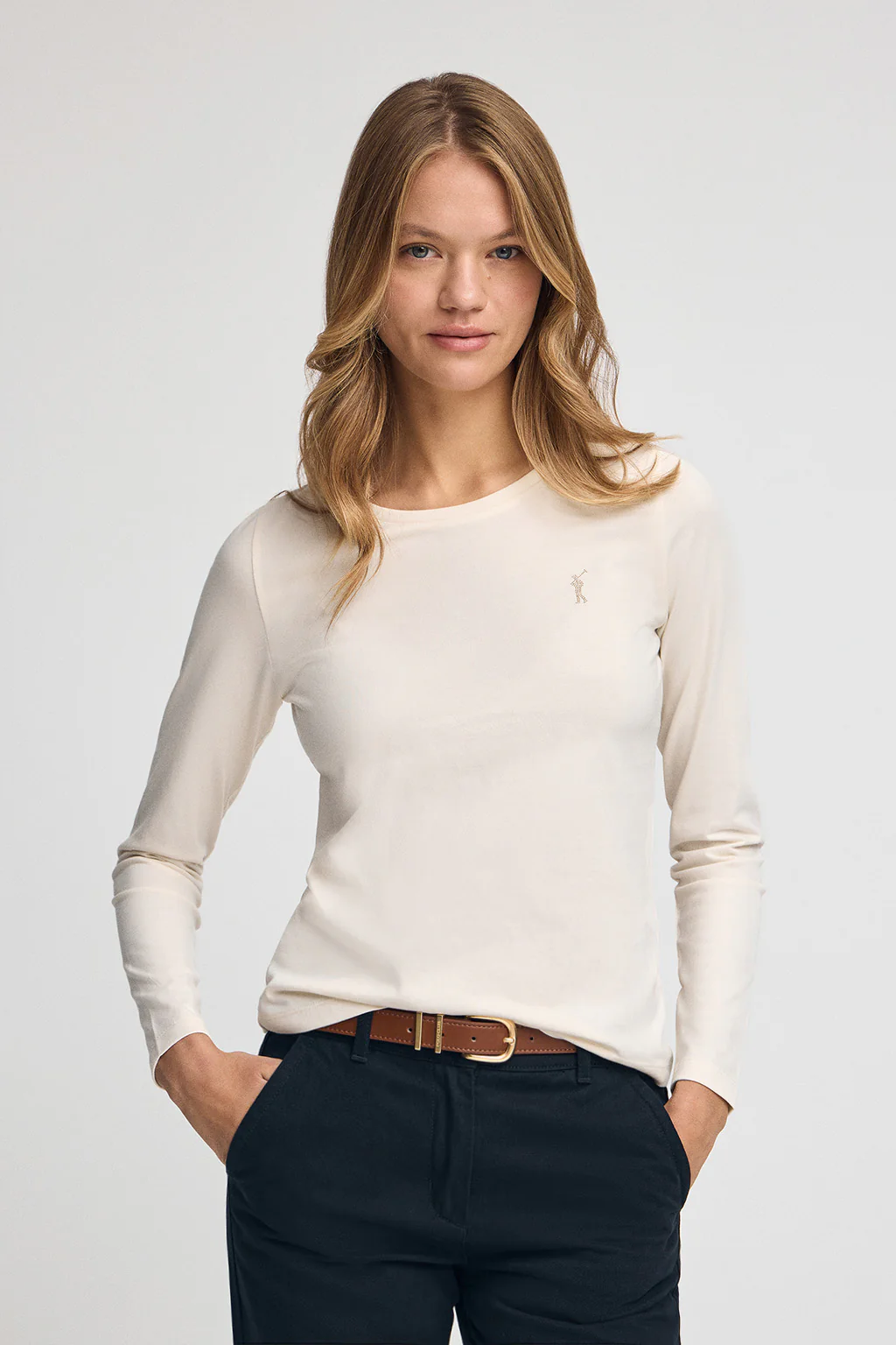 Nude long-sleeve T-shirt with round neck and Rigby Go Gold logo