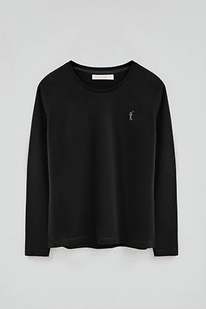 Black long-sleeve T-shirt with round neck and Rigby Go Gold logo - Image 8