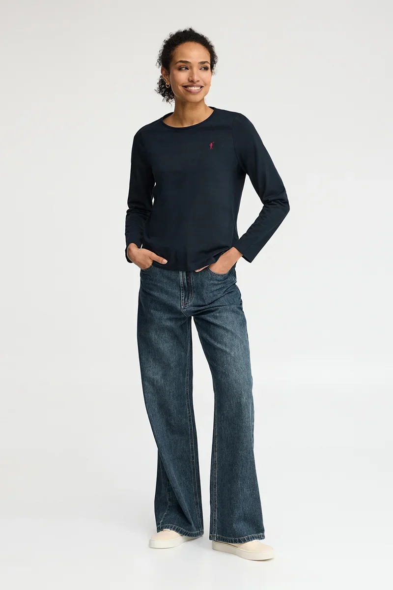 Navy-blue long-sleeve round-neck T-shirt with Rigby Go embroidery