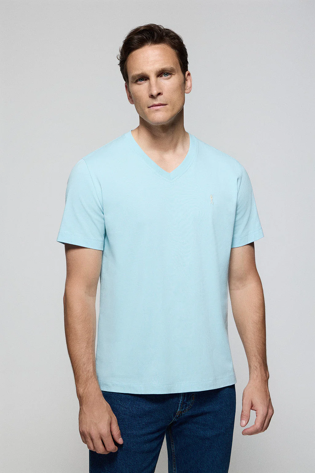 Sky-blue V-neck short-sleeve tee with Rigby Go embroidery