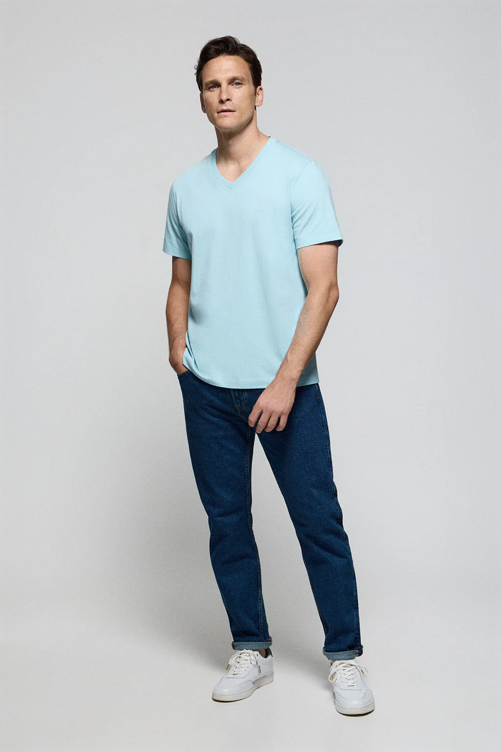 Sky-blue V-neck short-sleeve tee with Rigby Go embroidery - Image 2