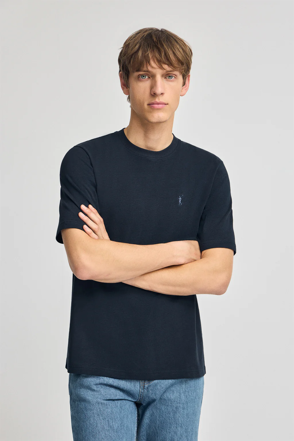 Navy-blue T-shirt in cotton and linen with Rigby Go embroidery