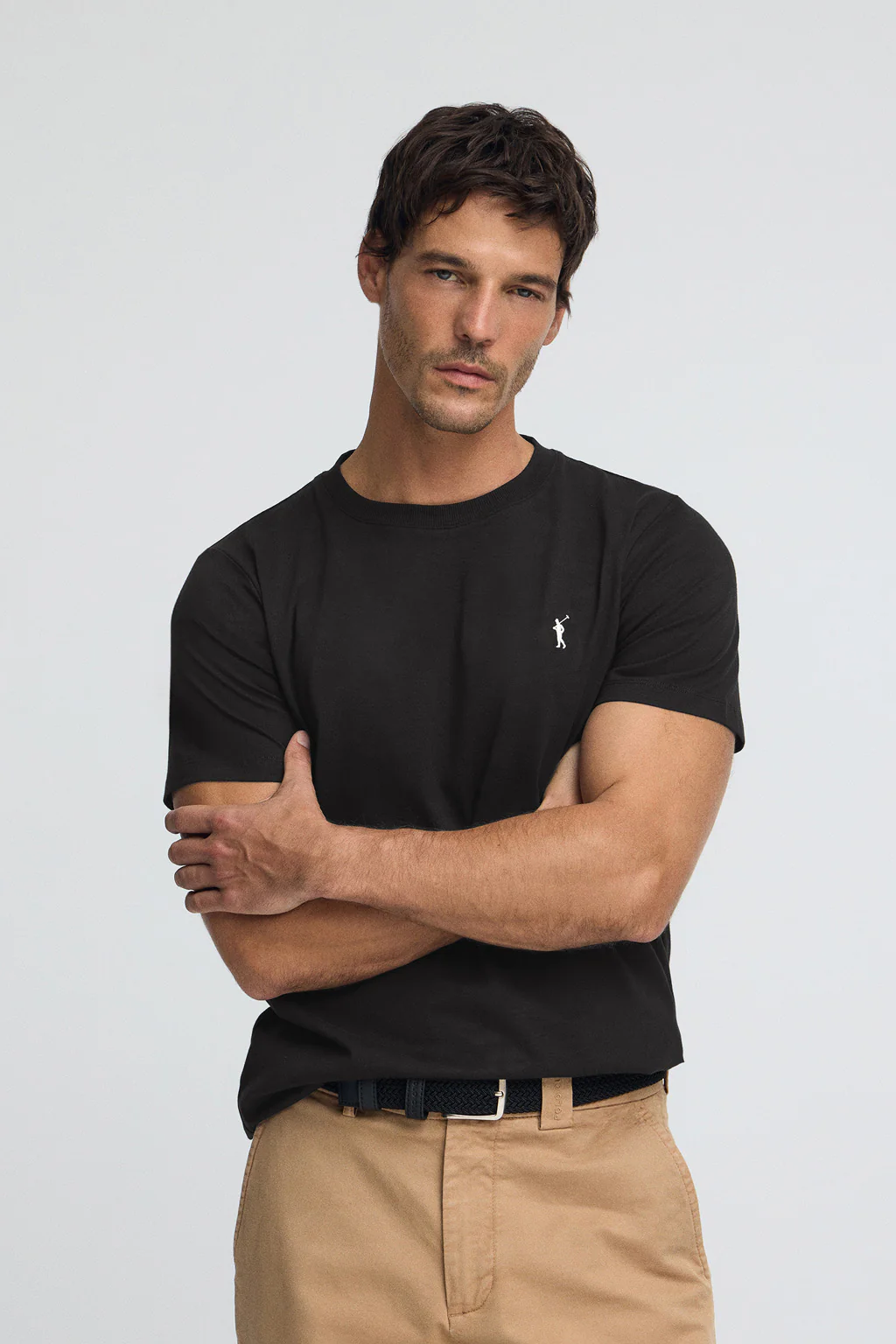 Black round-neck T-shirt with Rigby Go embroidery