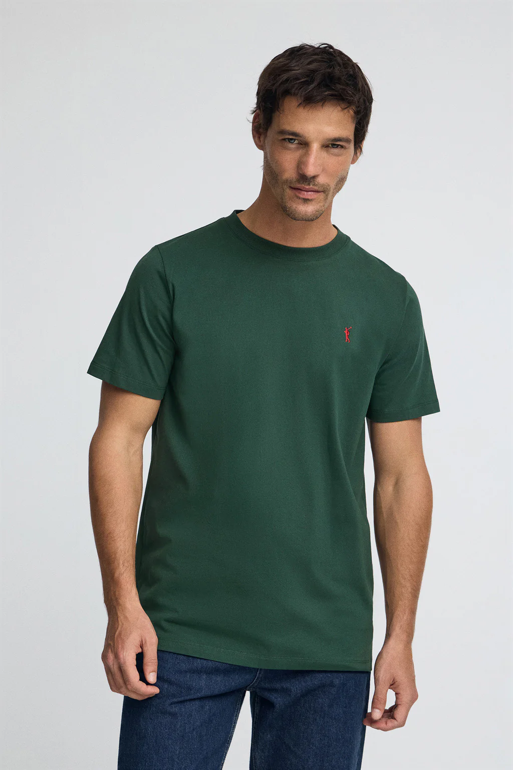 Bottle-green round-neck T-shirt with Rigby Go embroidery