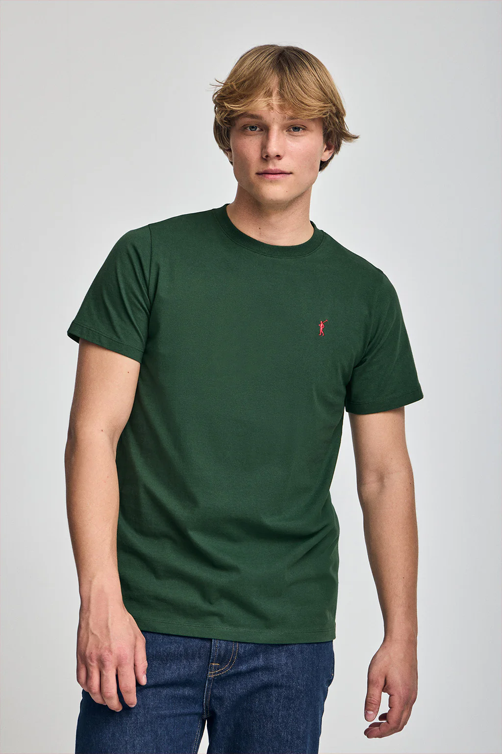 Bottle-green round-neck T-shirt with Rigby Go embroidery