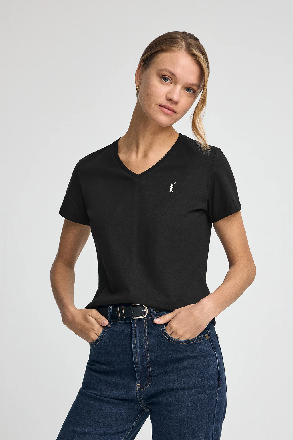 Black short-sleeve V-neck T-shirt with Rigby Go logo
