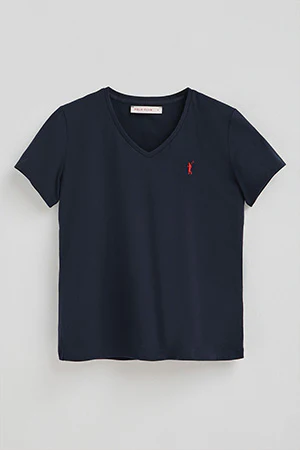 Navy-blue short-sleeve V-neck T-shirt with Rigby Go logo - Image 8