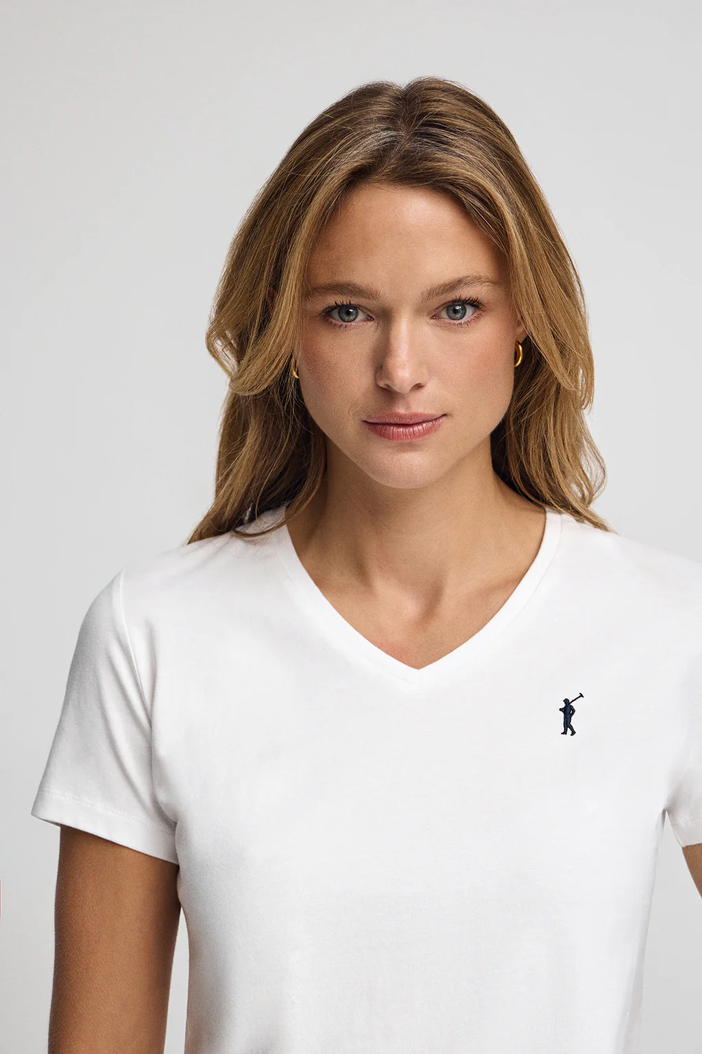 White short-sleeve V-neck T-shirt with Rigby Go logo - Image 2