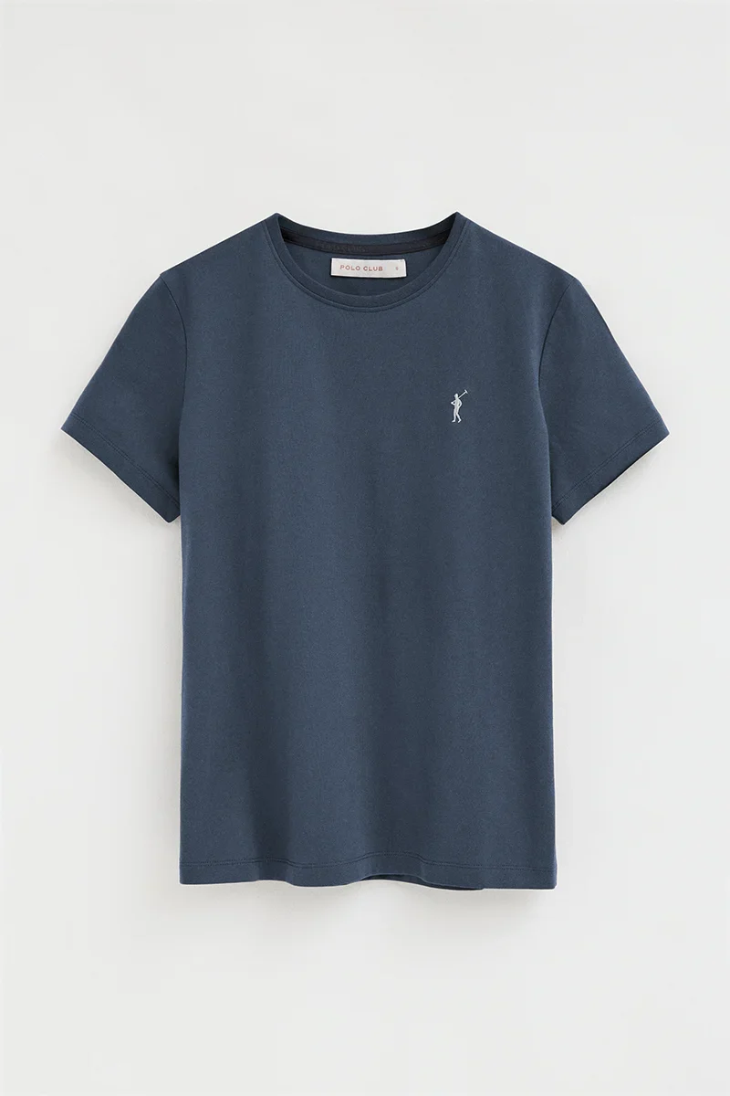 Denim-blue short-sleeve round-neck T-shirt with Rigby Go embroidery