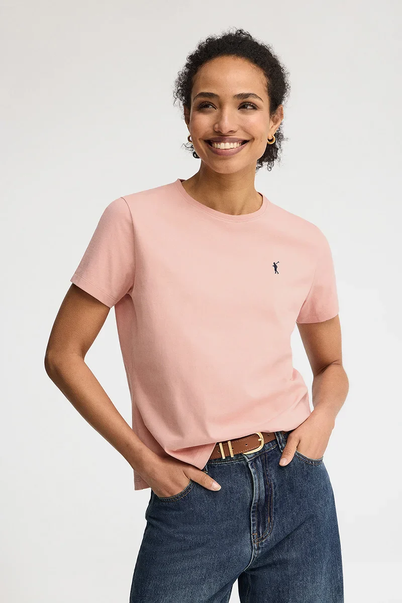 Pale-pink short-sleeve round-neck T-shirt with Rigby Go embroidery