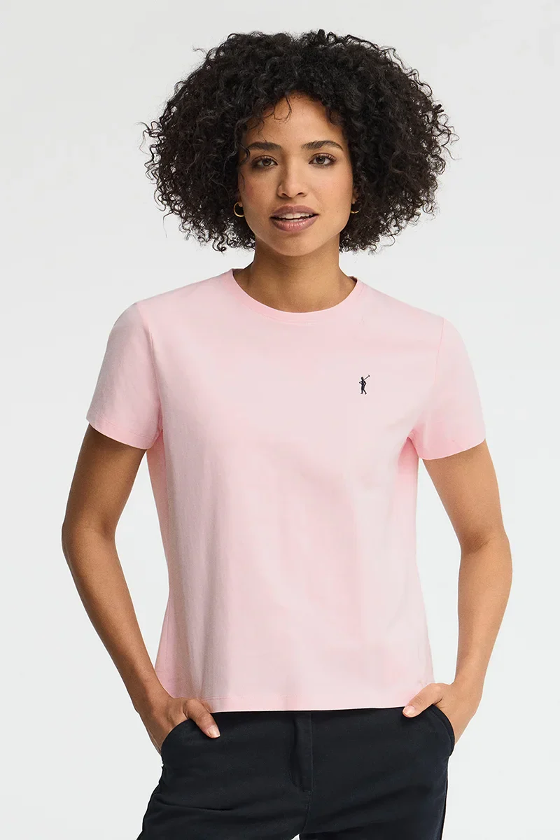 Pink short-sleeve round-neck T-shirt with Rigby Go embroidery