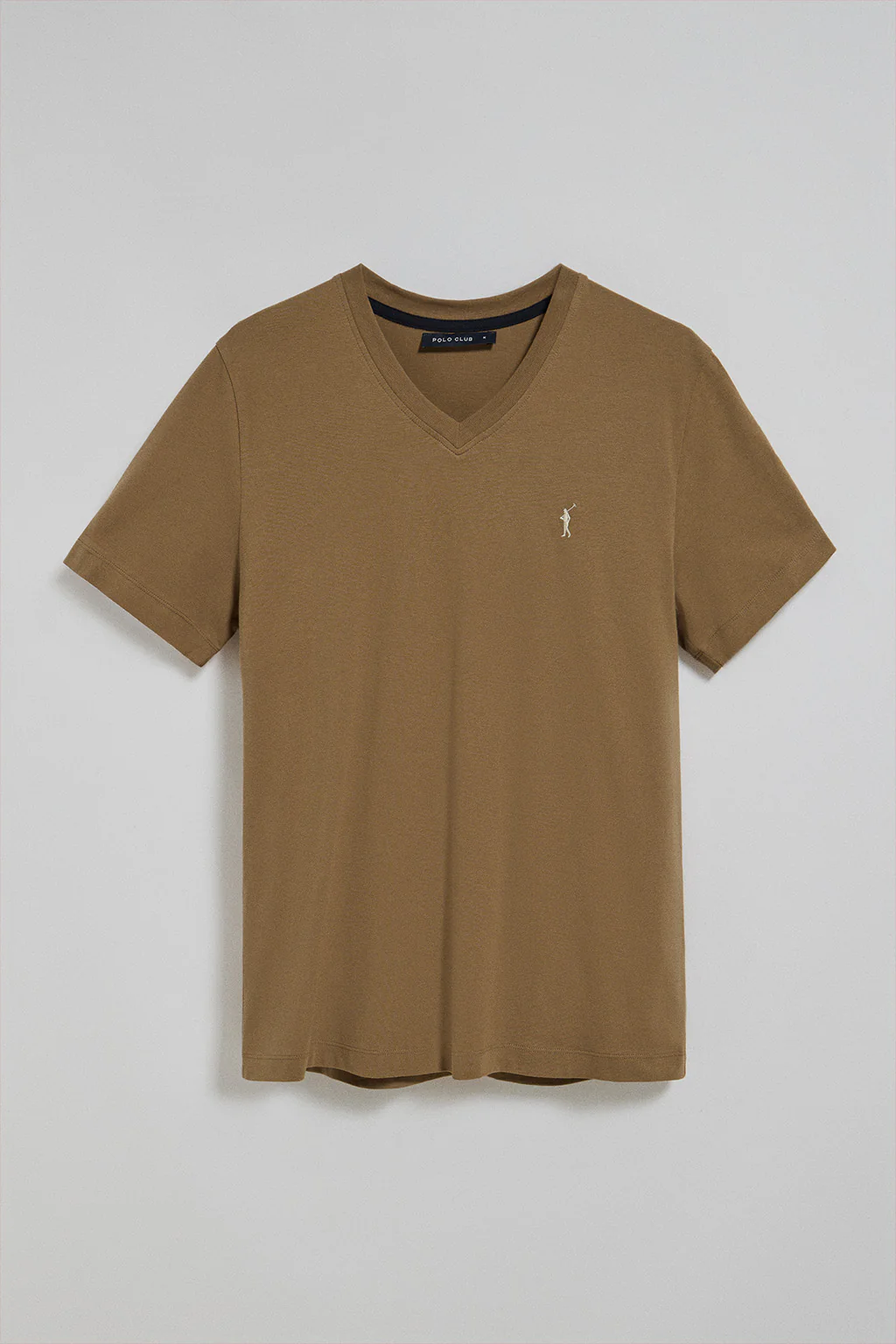 Brown V-neck T-shirt with Rigby Go embroidered logo