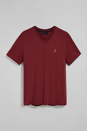 Maroon V-neck T-shirt with Rigby Go embroidered logo - Image 5