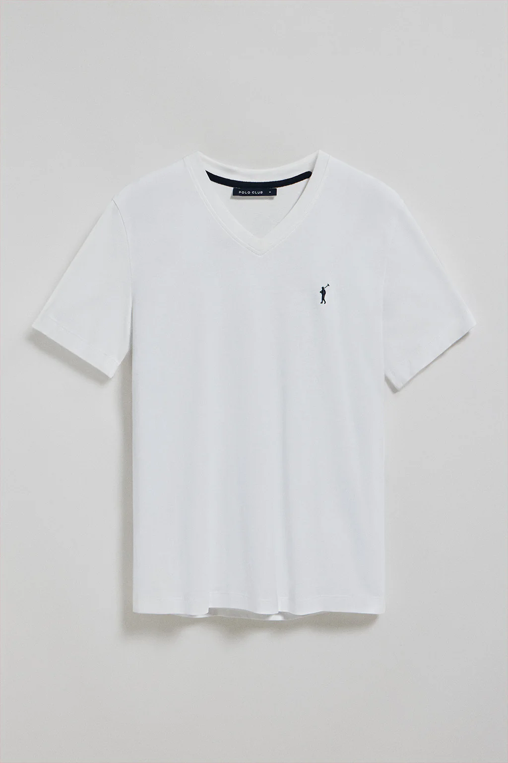 White V-neck T-shirt with Rigby Go embroidered logo