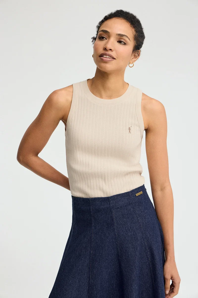 Beige sleeveless ribbed T-shirt with slim fit and Rigby Go embroidery - Image 3