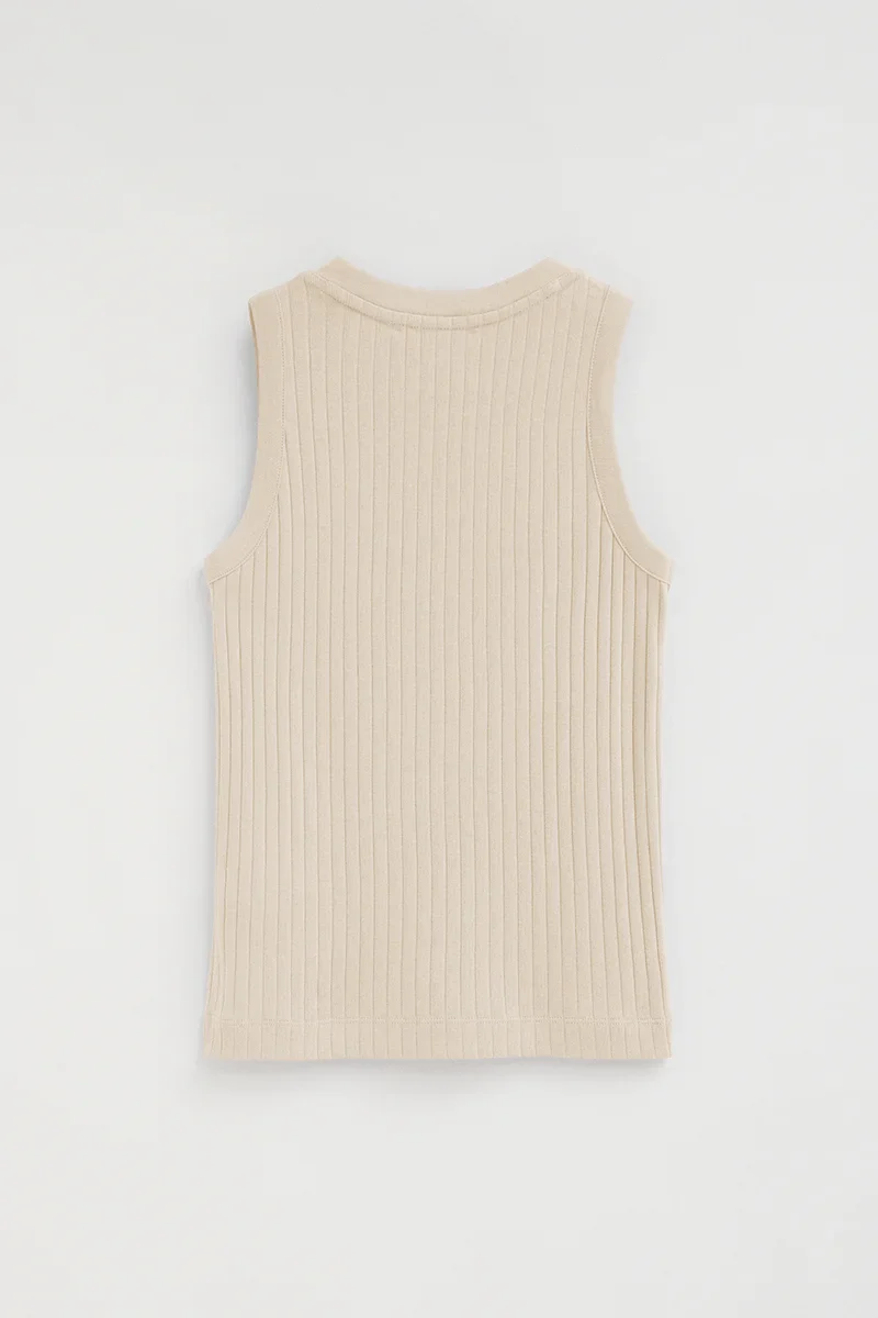 Beige sleeveless ribbed T-shirt with slim fit and Rigby Go embroidery - Image 8