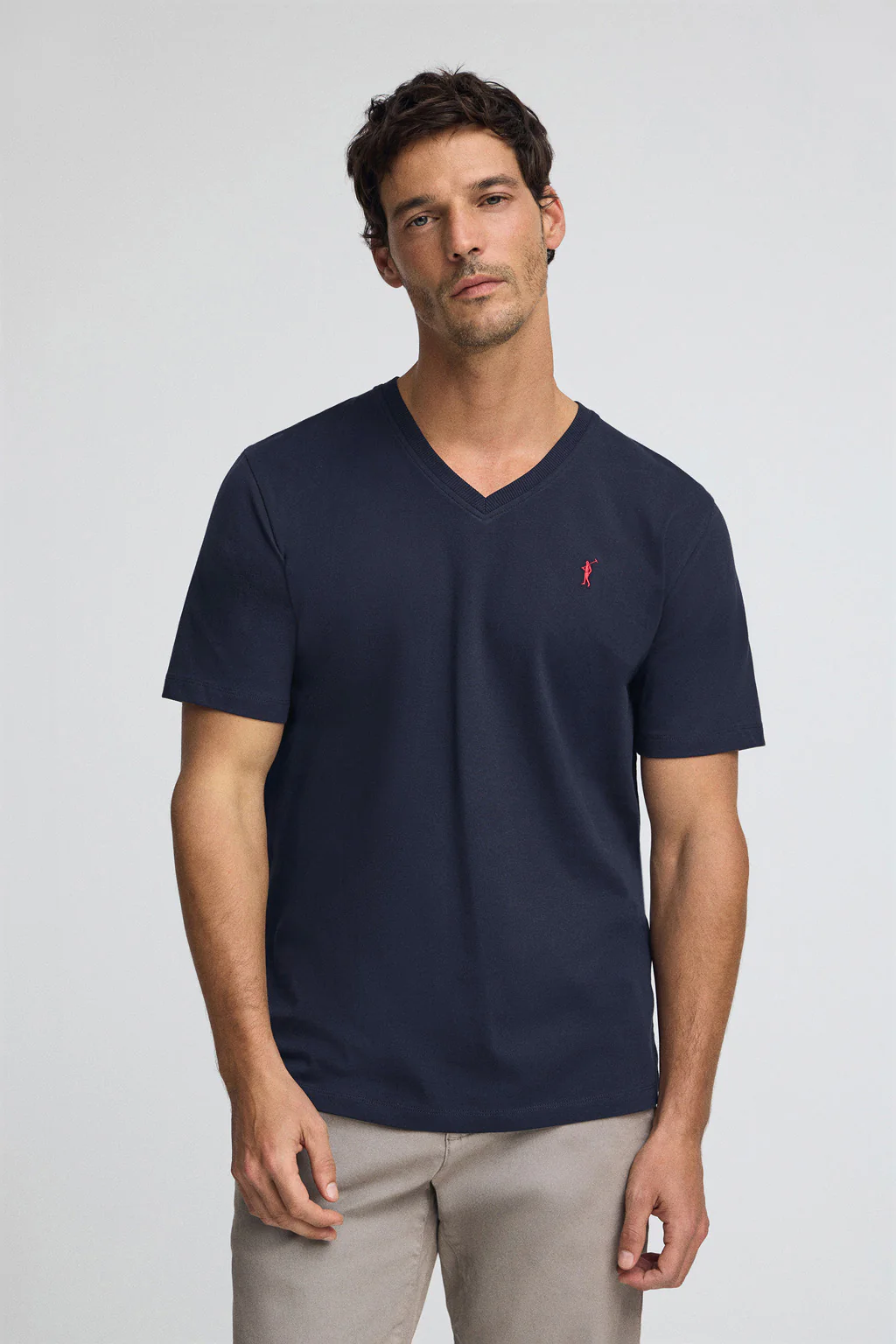 Navy-blue V-neck T-shirt with Rigby Go embroidery