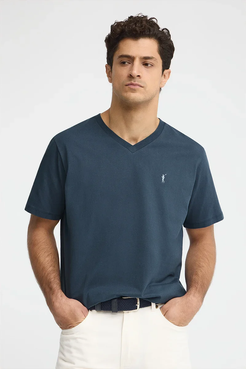 Denim-blue V-neck T-shirt with Rigby Go logo