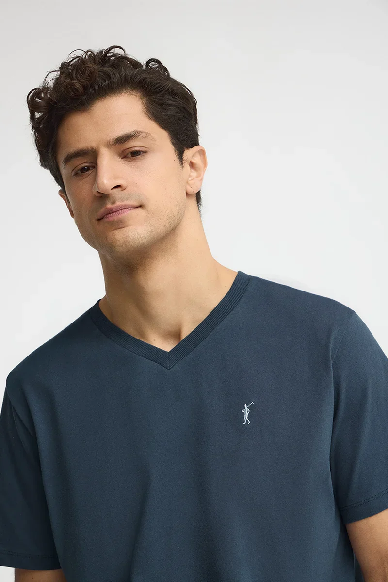 Denim-blue V-neck T-shirt with Rigby Go logo - Image 2