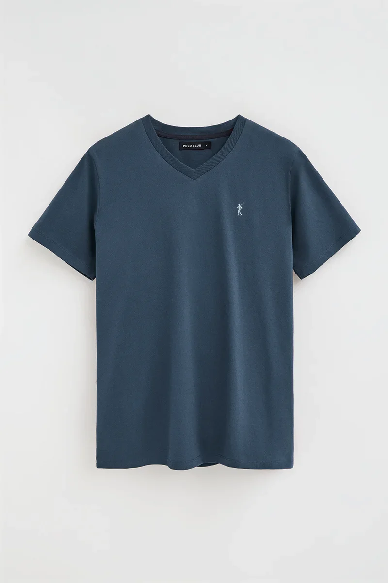 Denim-blue V-neck T-shirt with Rigby Go logo - Image 5