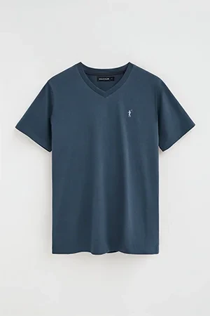 Denim-blue V-neck T-shirt with Rigby Go logo - Image 9