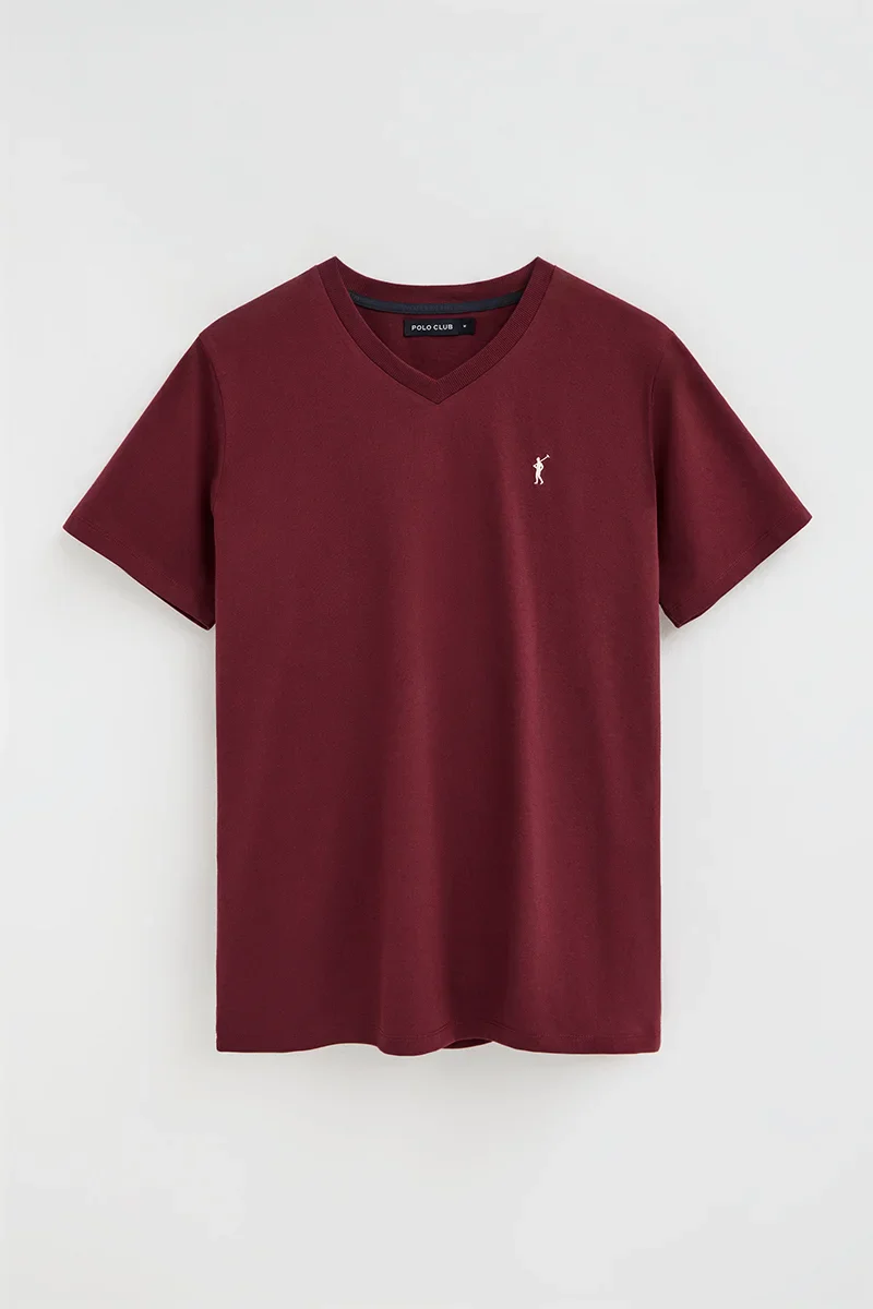 Maroon V-neck T-shirt with Rigby Go logo - Image 5