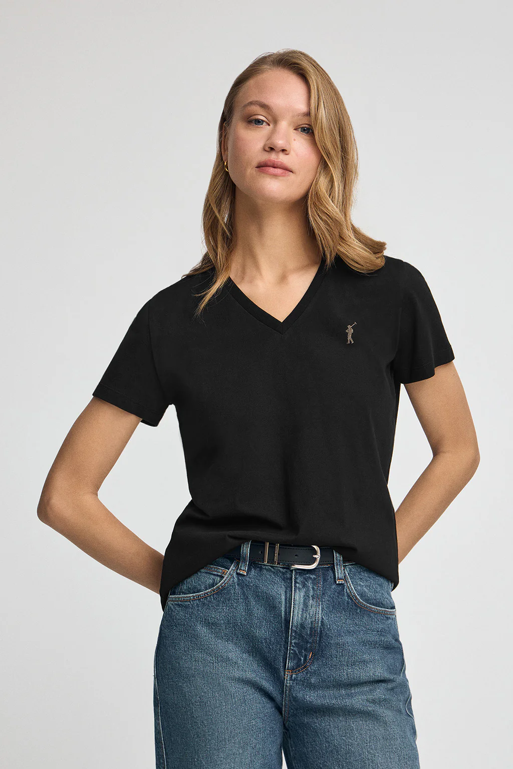 Black V-neck T-shirt with Rigby Go Gold logo