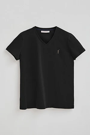 Black V-neck T-shirt with Rigby Go Gold logo - Image 8