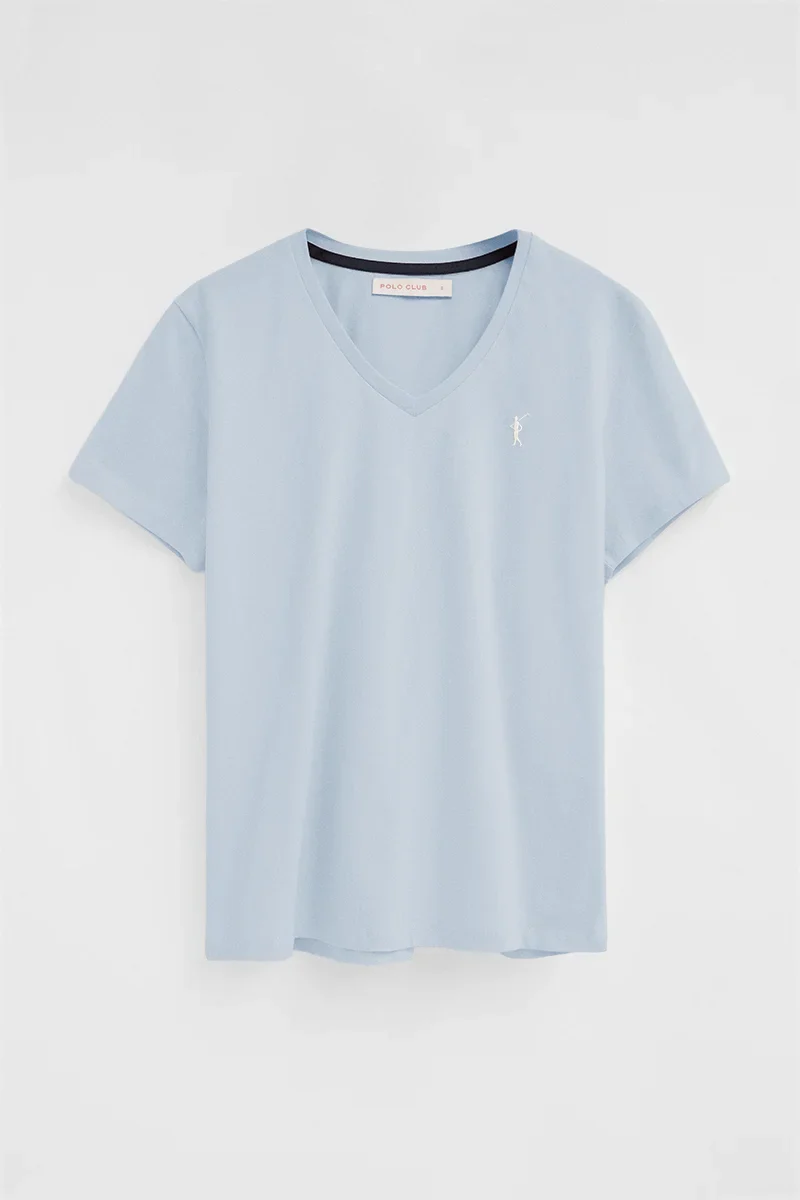 Light-blue short-sleeve V-neck T-shirt with Rigby Go embroidery