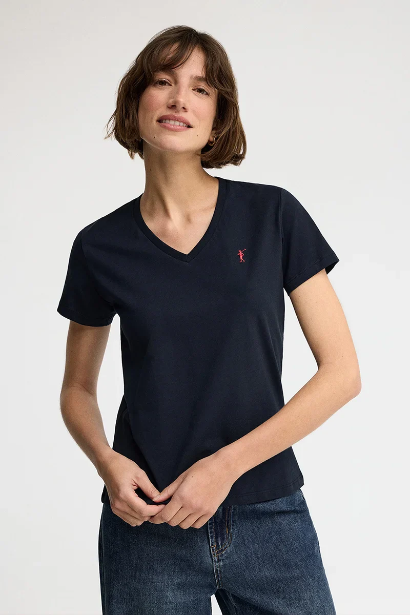 Navy-blue short-sleeve V-neck T-shirt with Rigby Go embroidery