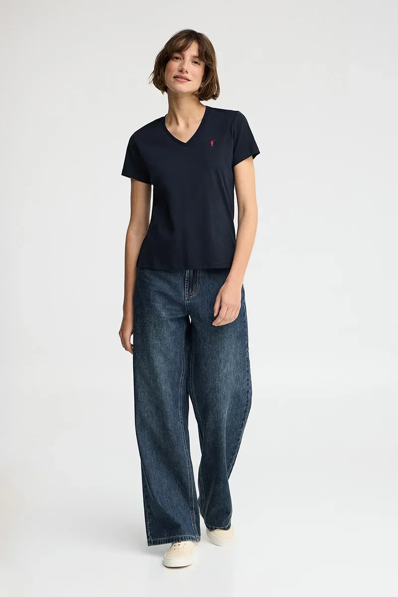 Navy-blue short-sleeve V-neck T-shirt with Rigby Go embroidery - Image 3