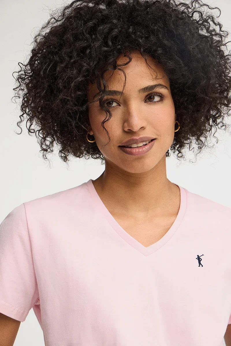 Pink short-sleeve V-neck T-shirt with Rigby Go embroidery