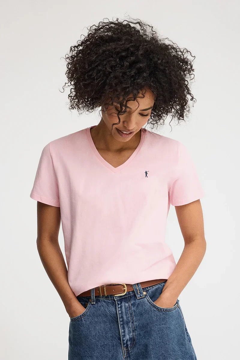 Pink short-sleeve V-neck T-shirt with Rigby Go embroidery - Image 3