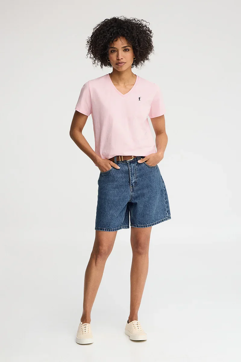 Pink short-sleeve V-neck T-shirt with Rigby Go embroidery - Image 4