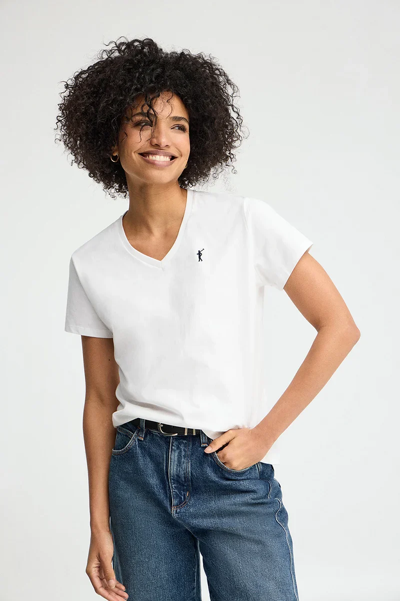 White short-sleeve V-neck T-shirt with Rigby Go embroidery
