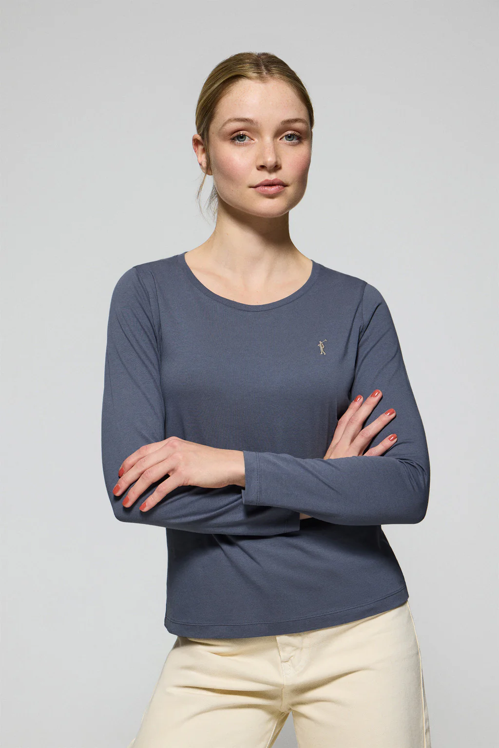 Denim-blue long-sleeve basic T-shirt with Rigby Go logo