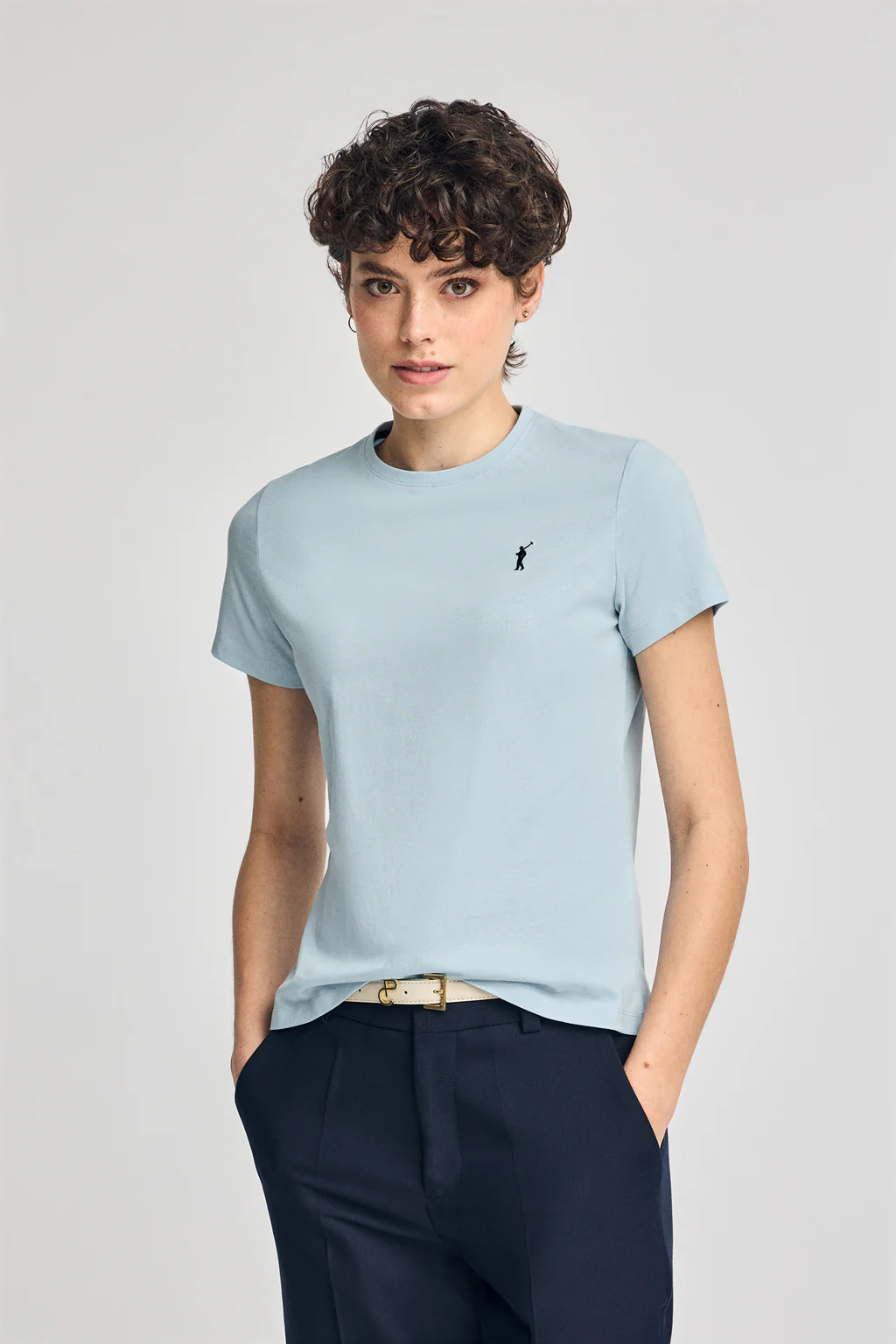 Light-blue round-neck T-shirt with Rigby Go embroidery
