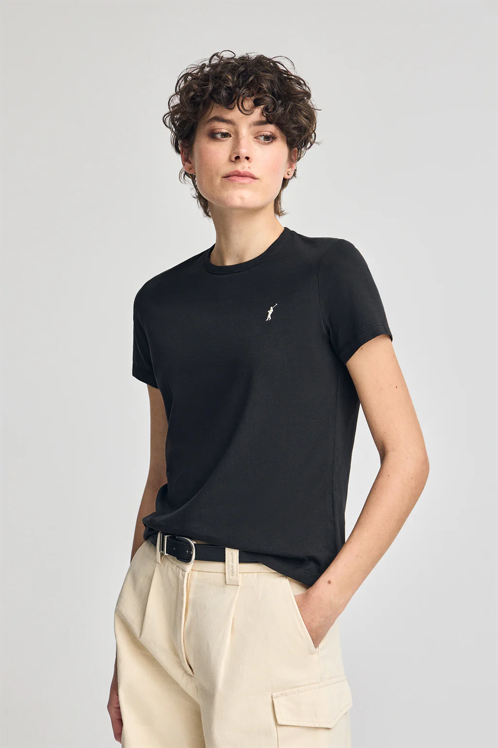 Black round-neck T-shirt with Rigby Go embroidery