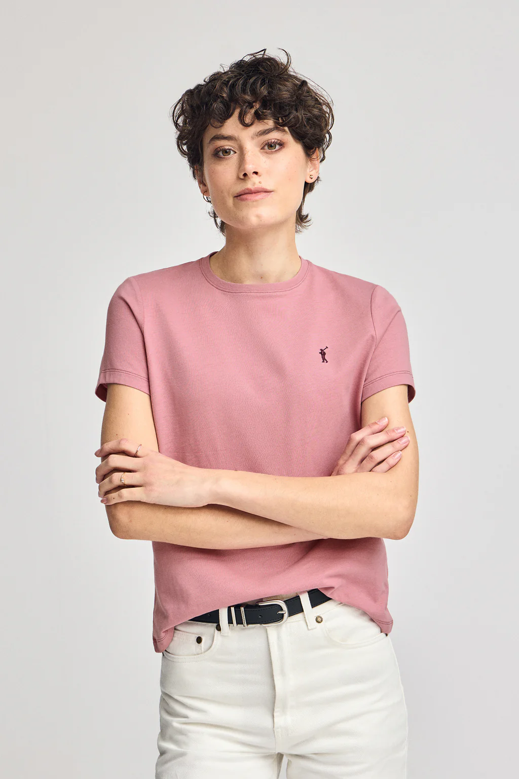 Dusty-pink round-neck T-shirt with Rigby Go embroidery