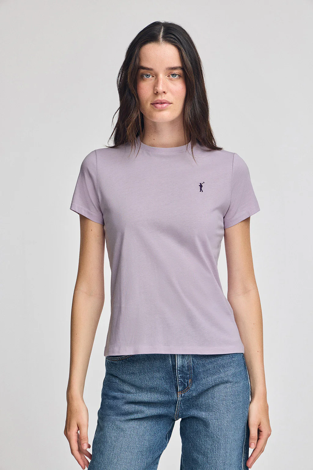 Lavender round-neck T-shirt with Rigby Go embroidery