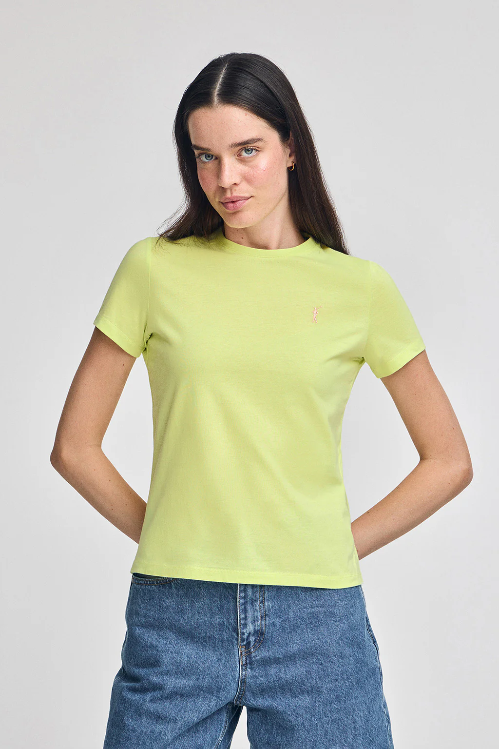 Lime-green round-neck T-shirt with Rigby Go embroidery
