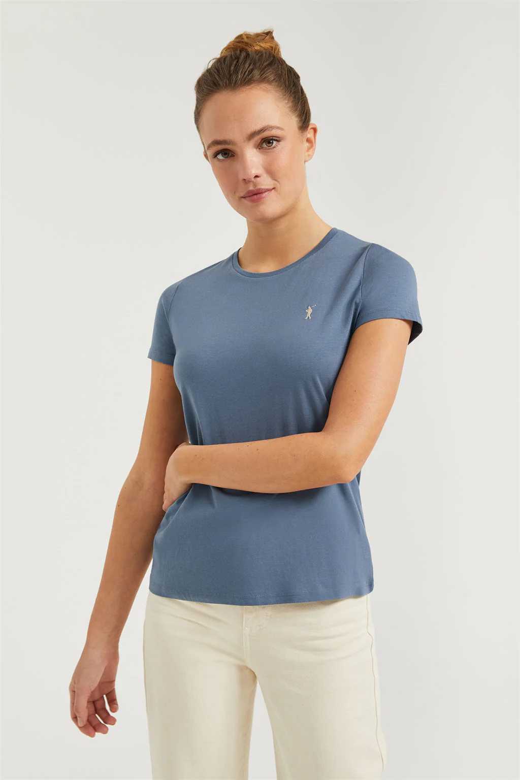 Denim-blue short-sleeve basic T-shirt with Rigby Go logo