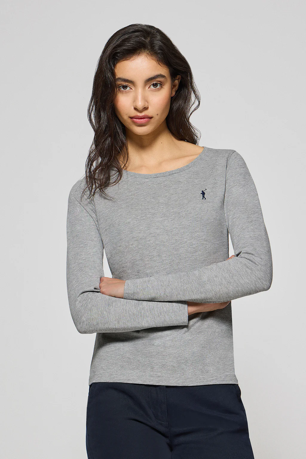 Grey-marl long-sleeve basic T-shirt with Rigby Go logo