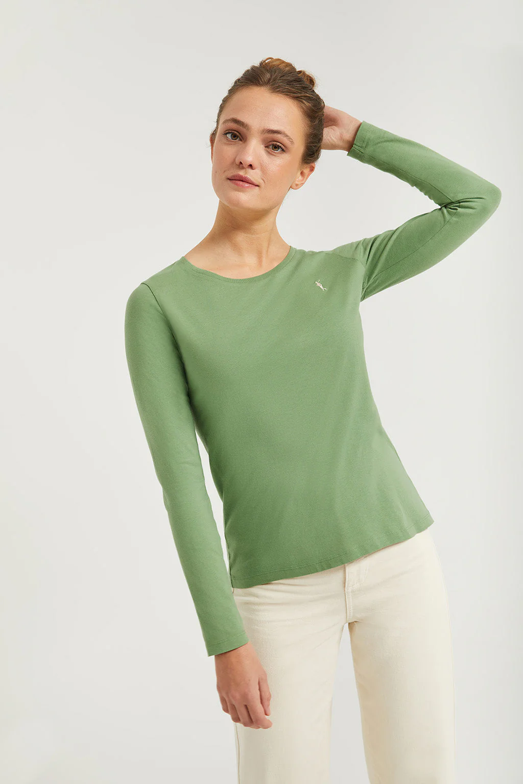 Mud-green long-sleeve basic T-shirt with Rigby Go logo