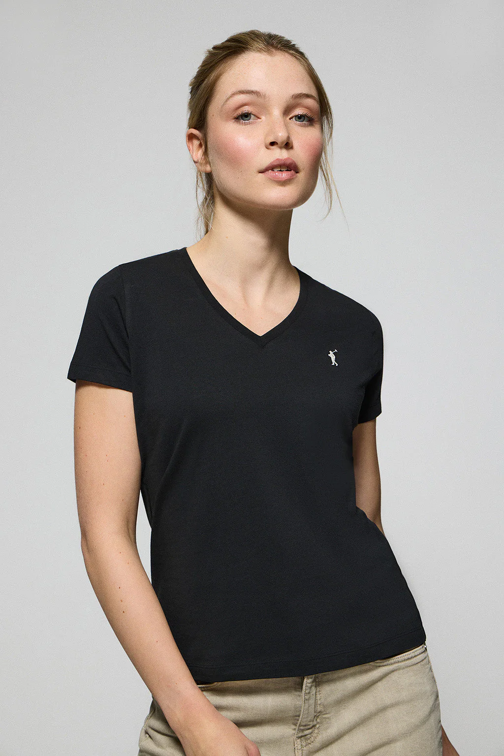 Black V-neck short-sleeve tee with Rigby Go embroidery