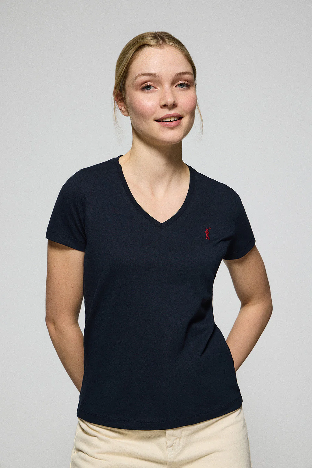 Navy V-neck short-sleeve tee with Rigby Go embroidery