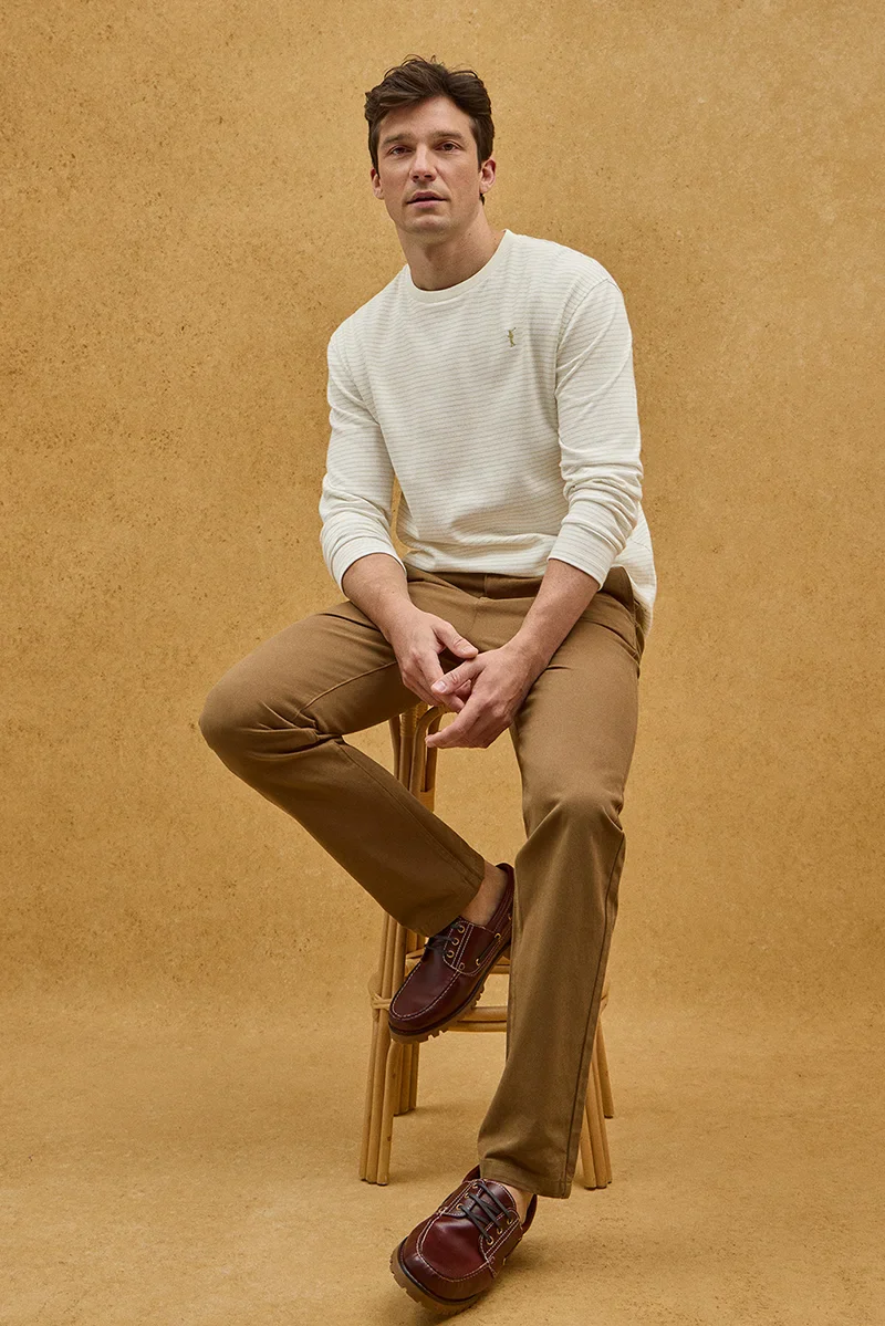 Striped long-sleeve T-shirt in nude and beige with Rigby Go embroidery